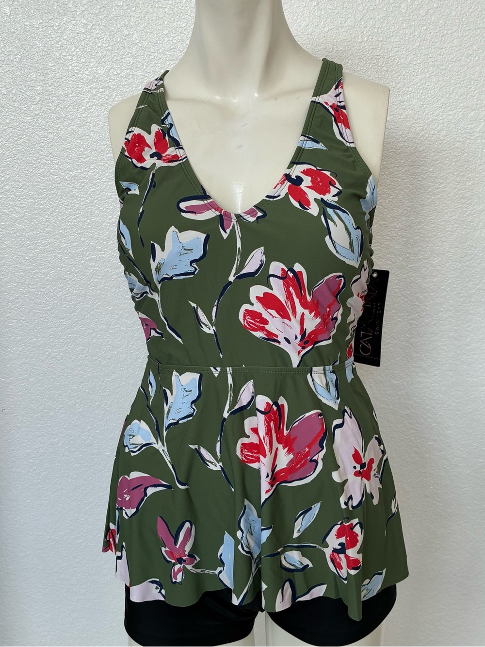 Catalina V-neck Halter Tankini Top Olive Green Floral Medium NWT $48